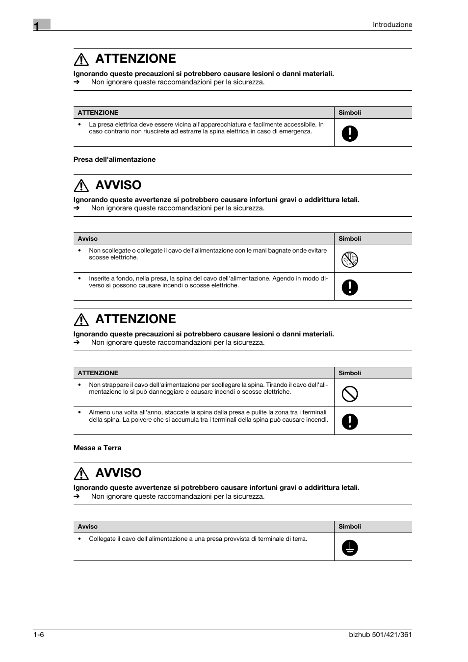 Presa dell'alimentazione, Messa a terra, 7 attenzione | 7 avviso | Konica Minolta bizhub 421 User Manual | Page 12 / 264