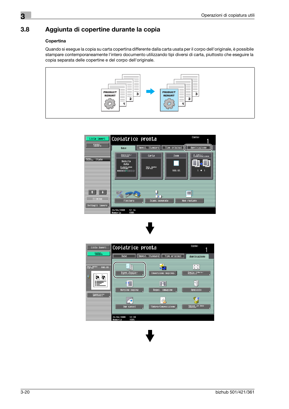 8 aggiunta di copertine durante la copia, Copertina, Aggiunta di copertine durante la copia -20 | Konica Minolta bizhub 421 User Manual | Page 128 / 264