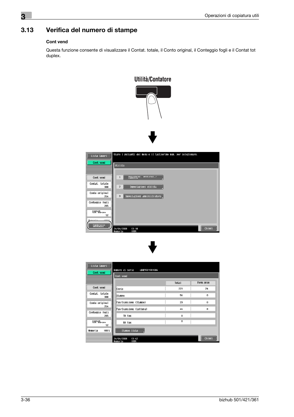 13 verifica del numero di stampe, Cont vend, Verifica del numero di stampe -36 | Konica Minolta bizhub 421 User Manual | Page 144 / 264