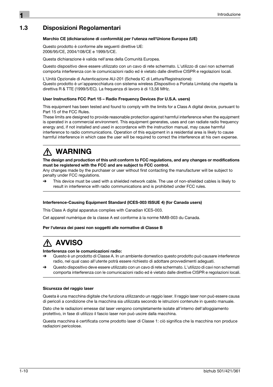 3 disposizioni regolamentari, Sicurezza del raggio laser, Disposizioni regolamentari -10 | 7 warning, 7 avviso | Konica Minolta bizhub 421 User Manual | Page 16 / 264