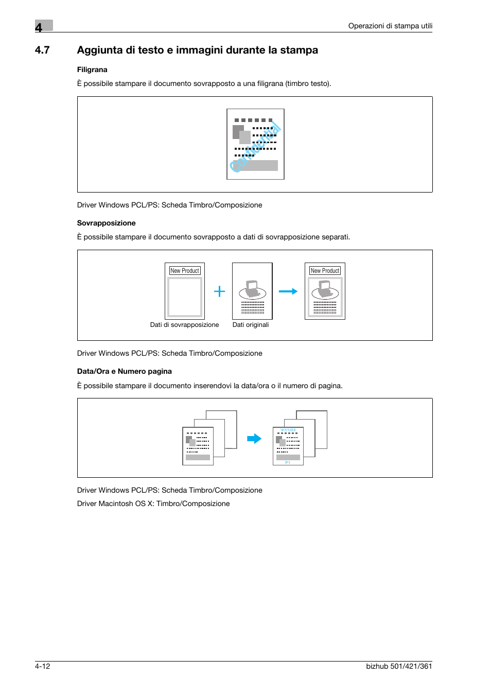 7 aggiunta di testo e immagini durante la stampa, Filigrana, Sovrapposizione | Aggiunta di testo e immagini durante la stampa -12, Confidential | Konica Minolta bizhub 421 User Manual | Page 160 / 264