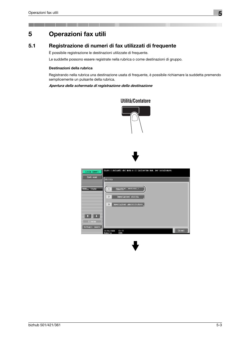 5 operazioni fax utili, Destinazioni della rubrica, Operazioni fax utili | 5operazioni fax utili | Konica Minolta bizhub 421 User Manual | Page 165 / 264