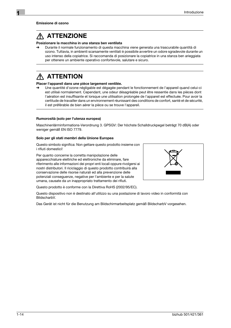 Emissione di ozono, Rumorosità (solo per l'utenza europea), Solo per gli stati membri della unione europea | 7 attenzione, 7 attention | Konica Minolta bizhub 421 User Manual | Page 20 / 264