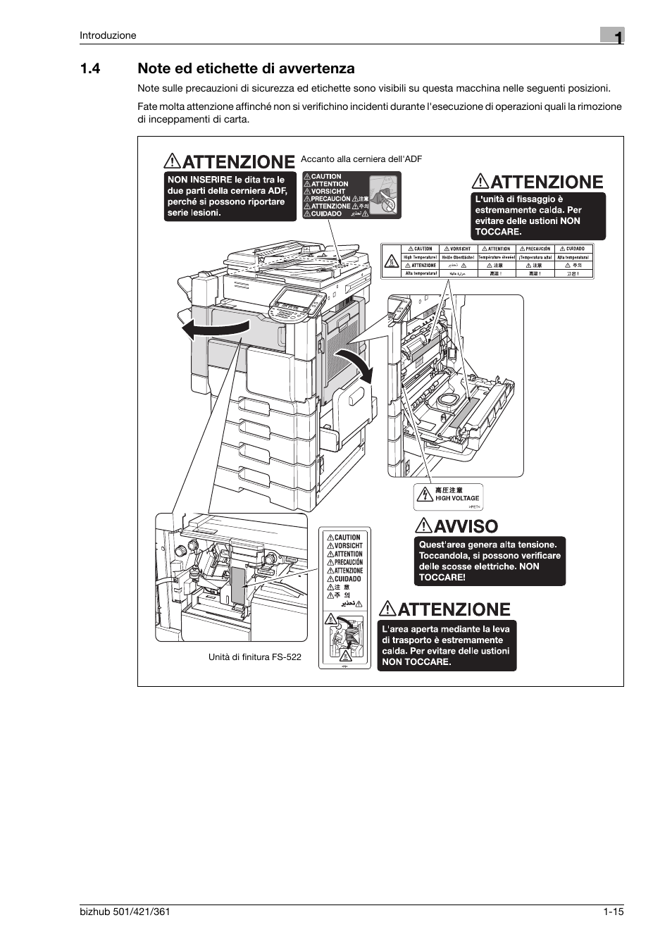 4 note ed etichette di avvertenza, Note ed etichette di avvertenza -15 | Konica Minolta bizhub 421 User Manual | Page 21 / 264