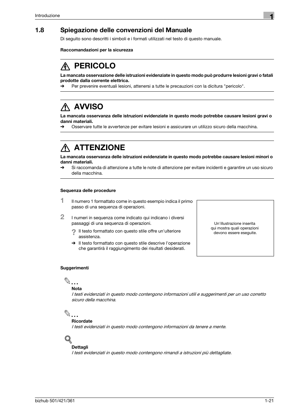 8 spiegazione delle convenzioni del manuale, Raccomandazioni per la sicurezza, Sequenza delle procedure | Suggerimenti, Spiegazione delle convenzioni del manuale -21, 6 pericolo, 7 avviso, 7 attenzione | Konica Minolta bizhub 421 User Manual | Page 27 / 264