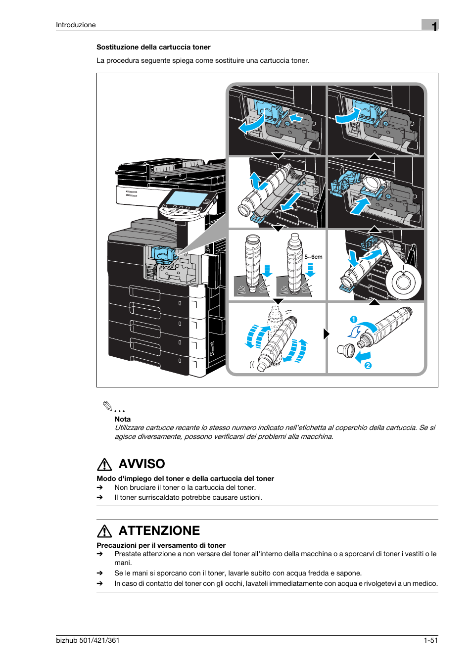 Sostituzione della cartuccia toner, 7 avviso, 7 attenzione | Konica Minolta bizhub 421 User Manual | Page 57 / 264