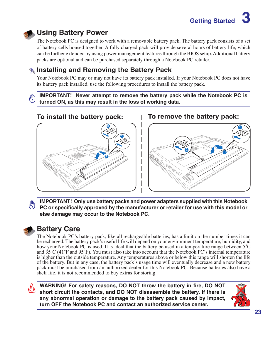 Using battery power, Battery care | Asus E2808 User Manual | Page 23 / 71