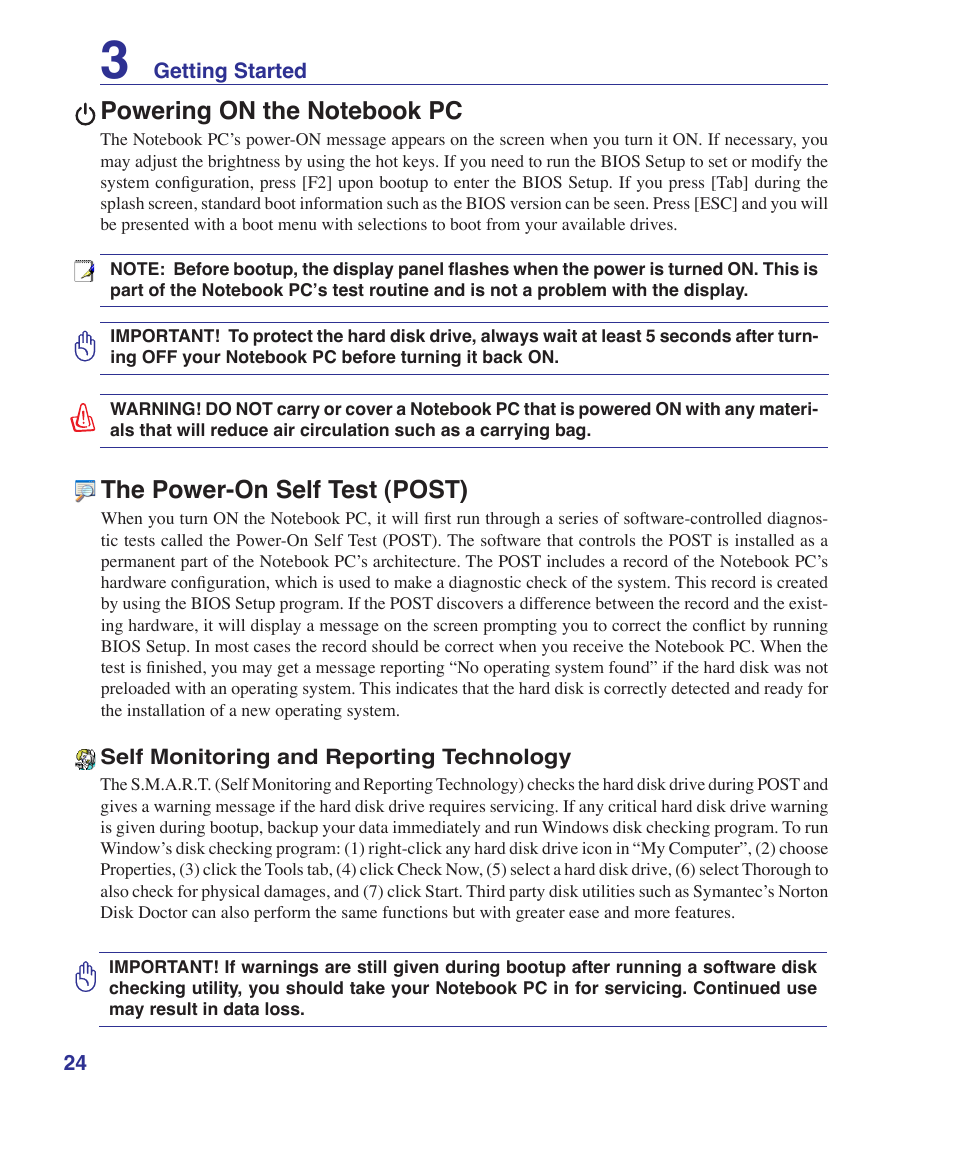 Powering on the notebook pc, The power-on self test (post) | Asus E2808 User Manual | Page 24 / 71