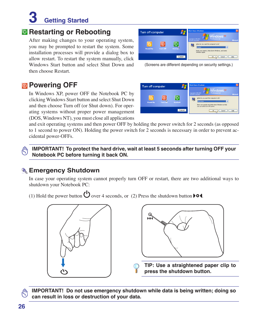 Restarting or rebooting, Powering off | Asus E2808 User Manual | Page 26 / 71