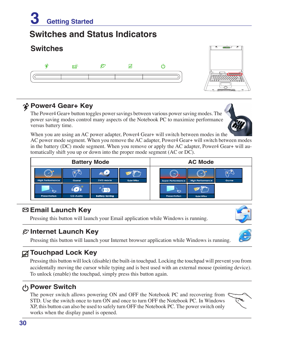 Switches and status indicators, Switches | Asus E2808 User Manual | Page 30 / 71