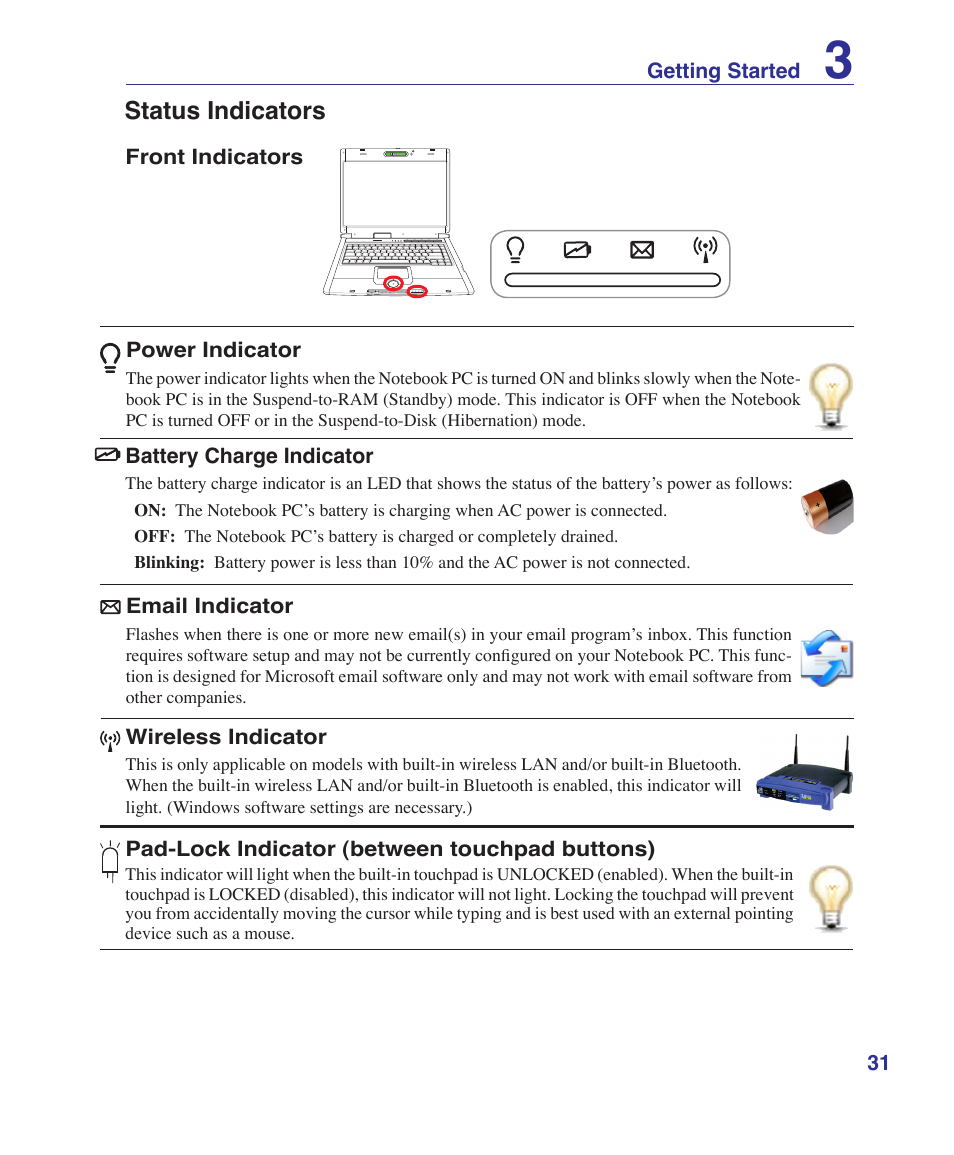 Status indicators | Asus E2808 User Manual | Page 31 / 71