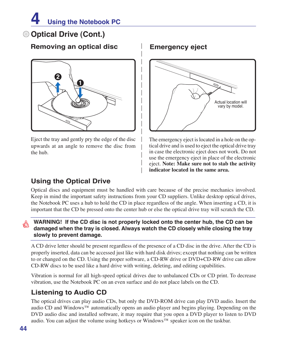 Optical drive (cont.) | Asus E2808 User Manual | Page 44 / 71