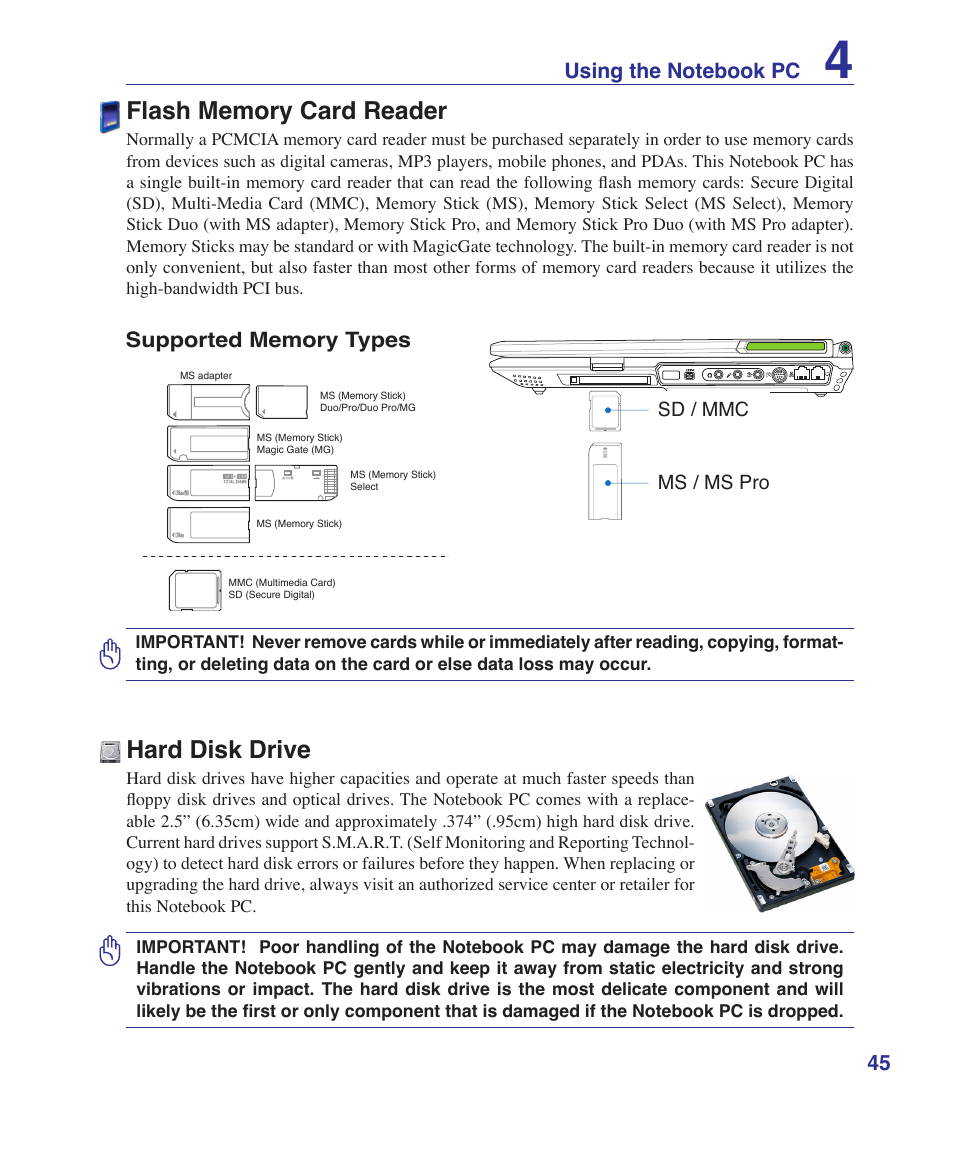 Flash memory card reader, Hard disk drive | Asus E2808 User Manual | Page 45 / 71