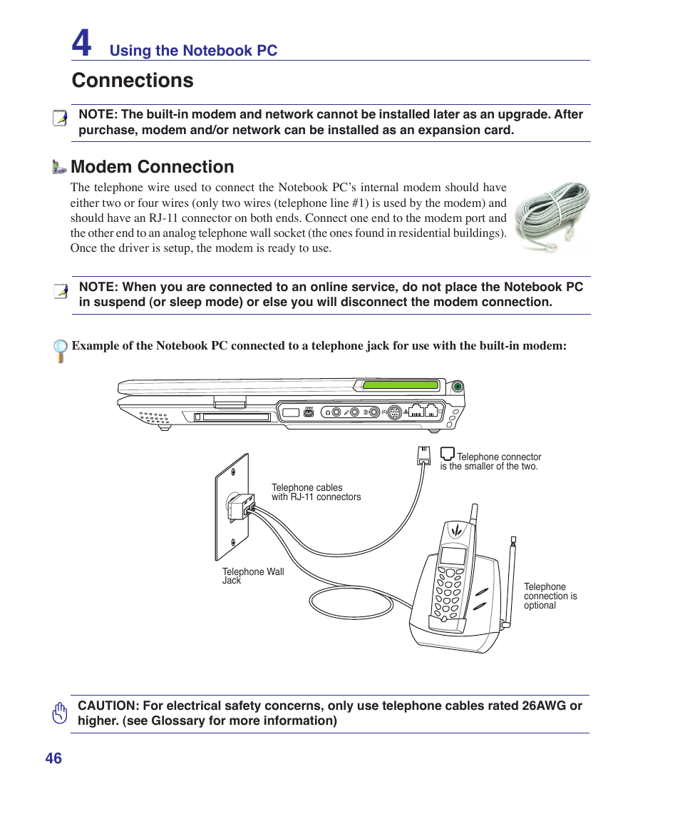 Connections, Modem connection | Asus E2808 User Manual | Page 46 / 71
