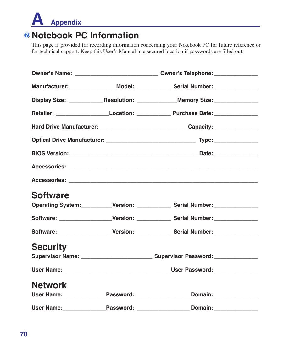 Notebook pc information, Software, Security | Network | Asus E2808 User Manual | Page 70 / 71