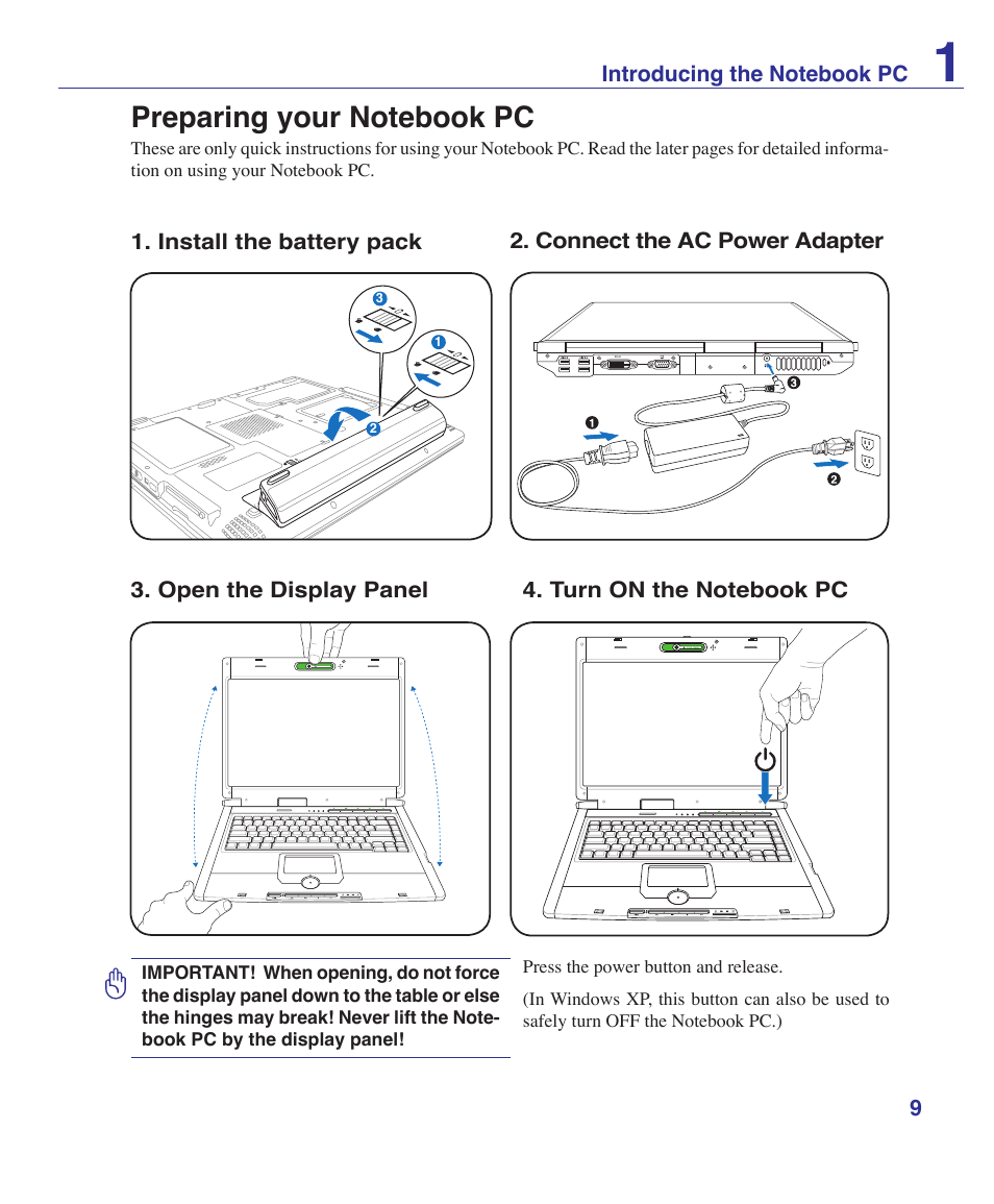 Preparing your notebook pc | Asus E2808 User Manual | Page 9 / 71