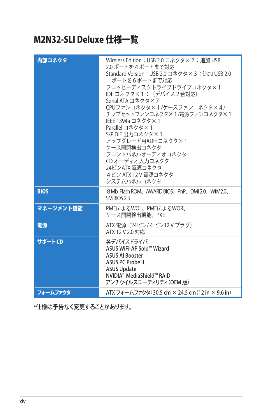 M2n32-sli deluxe 仕様一覧 | Asus Deluxe M2N32-SLI User Manual | Page 14 / 170