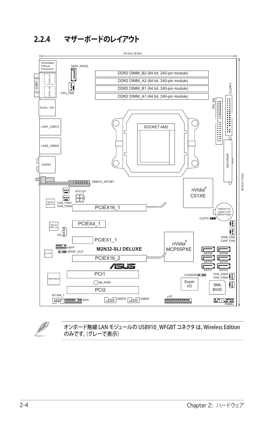 4 マザーボードのレイアウト,  chapter 2: ハードウェア, M2n32-sli deluxe | Nvidia c51xe, Nvidia mcp55pxe | Asus Deluxe M2N32-SLI User Manual | Page 30 / 170