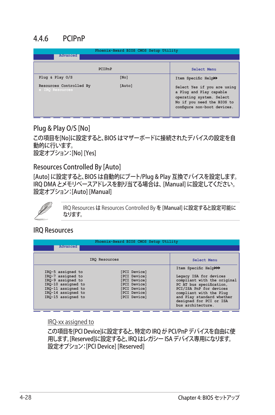 6 pcipnp, Plug & play o/s [no, Resources controlled by [auto | Irq resources | Asus Deluxe M2N32-SLI User Manual | Page 94 / 170