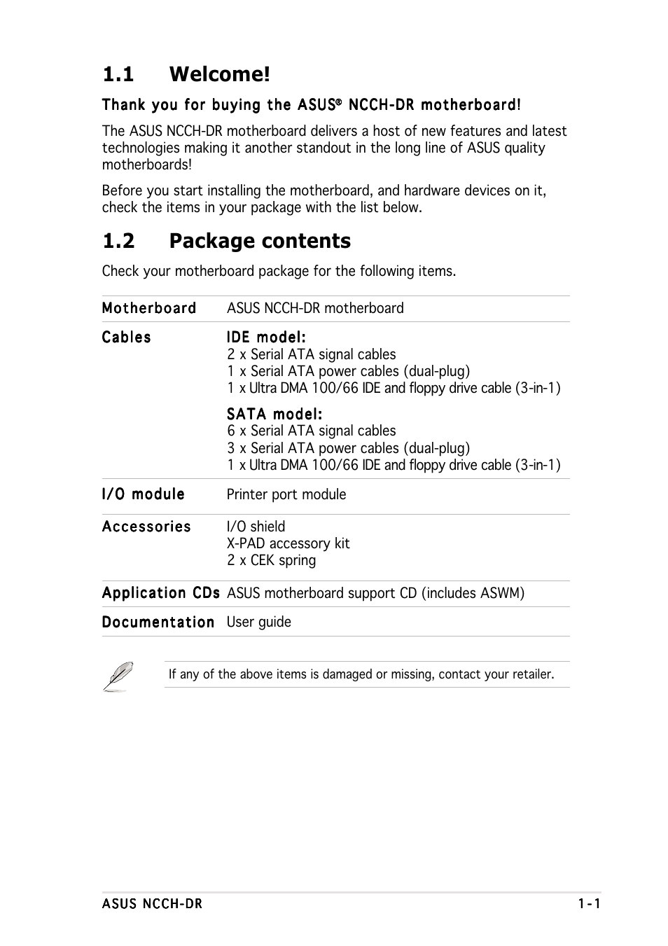 1 welcome, 2 package contents | Asus NCCH-DR User Manual | Page 15 / 110