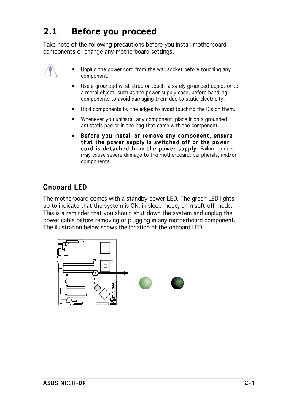 1 before you proceed, Onboard led | Asus NCCH-DR User Manual | Page 21 / 110