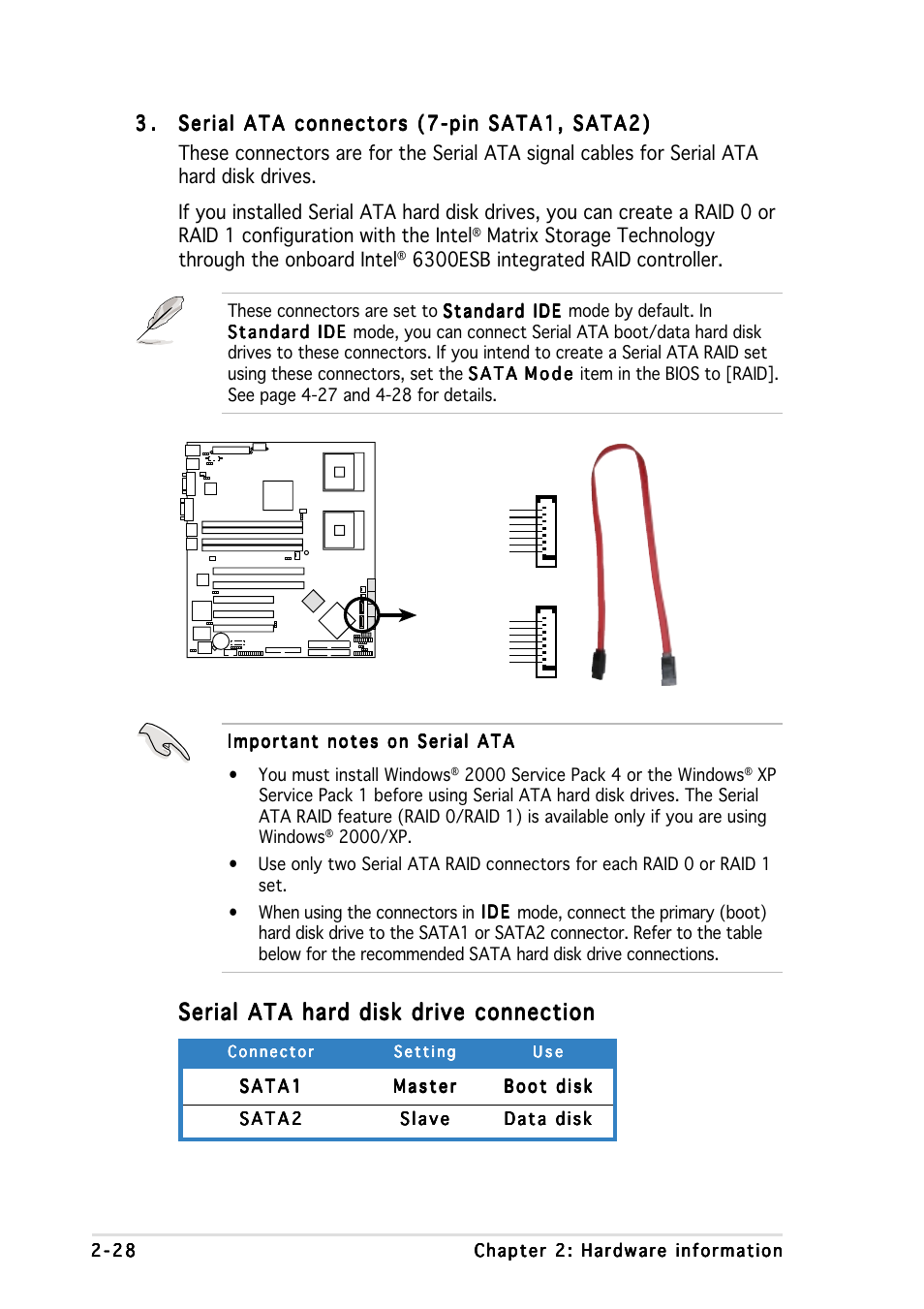 Serial ata hard disk drive connection, 6300esb integrated raid controller | Asus NCCH-DR User Manual | Page 48 / 110