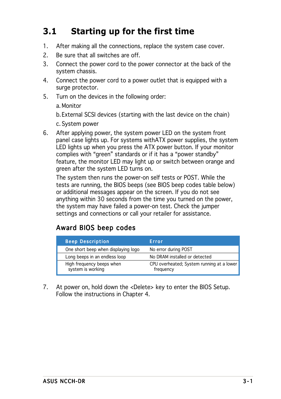 1 starting up for the first time, Award bios beep codes | Asus NCCH-DR User Manual | Page 59 / 110