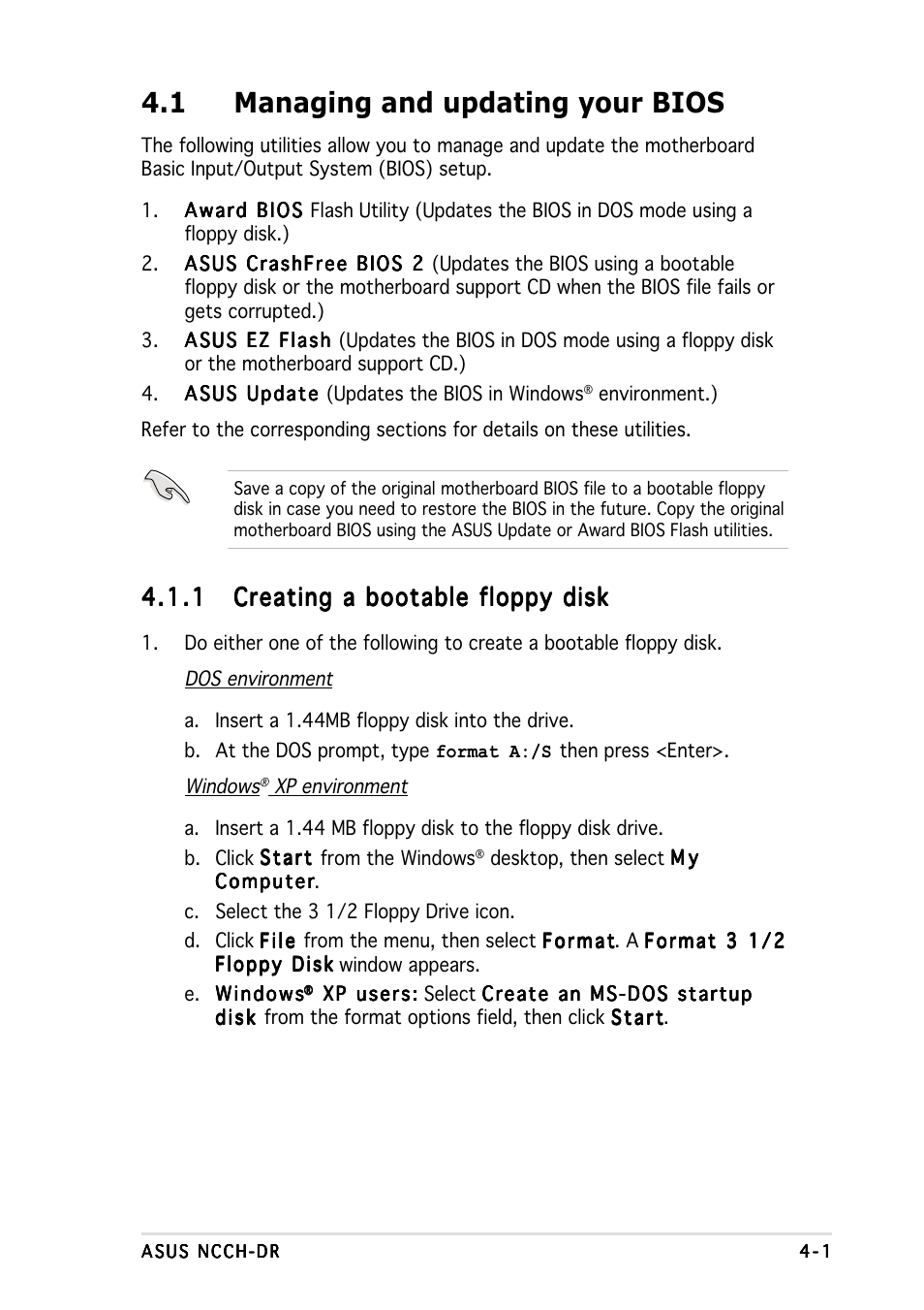 1 managing and updating your bios | Asus NCCH-DR User Manual | Page 63 / 110