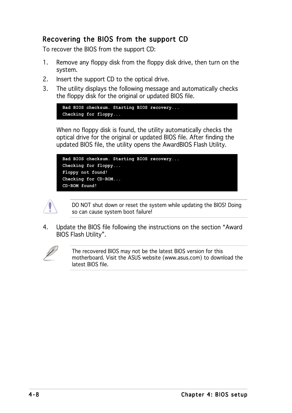 Recovering the bios from the support cd | Asus NCCH-DR User Manual | Page 70 / 110