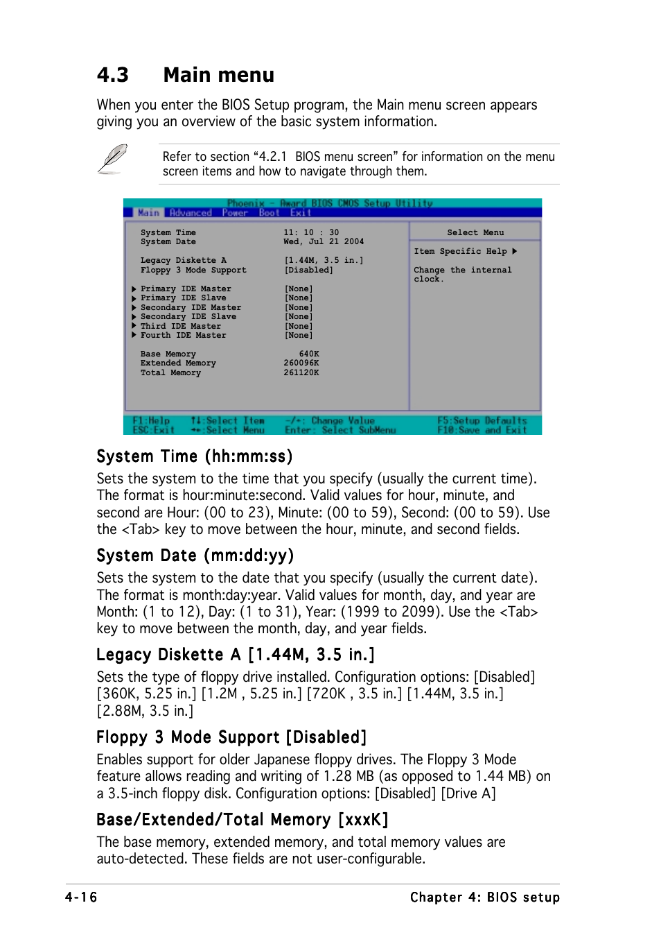 3 main menu, System time (hh:mm:ss), System date (mm:dd:yy) | Floppy 3 mode support | Asus NCCH-DR User Manual | Page 78 / 110