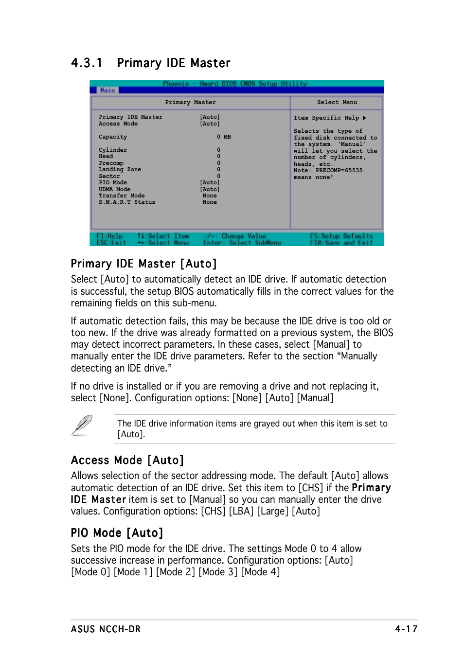 Primary ide master [auto, Access mode [auto, Pio mode [auto | Asus NCCH-DR User Manual | Page 79 / 110