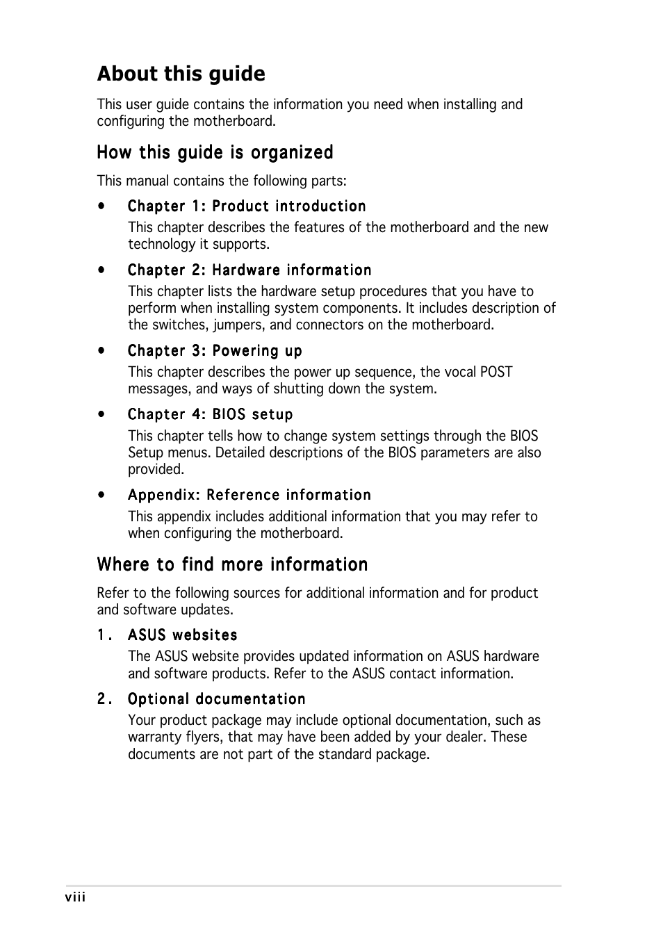About this guide, How this guide is organized, Where to find more information | Asus NCCH-DR User Manual | Page 8 / 110
