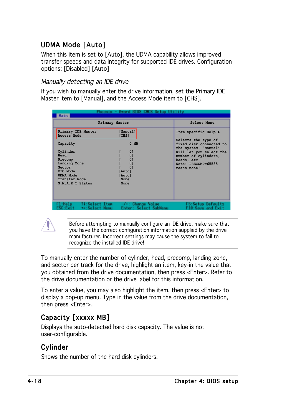 Udma mode [auto, Manually detecting an ide drive, Cylinder | Asus NCCH-DR User Manual | Page 80 / 110