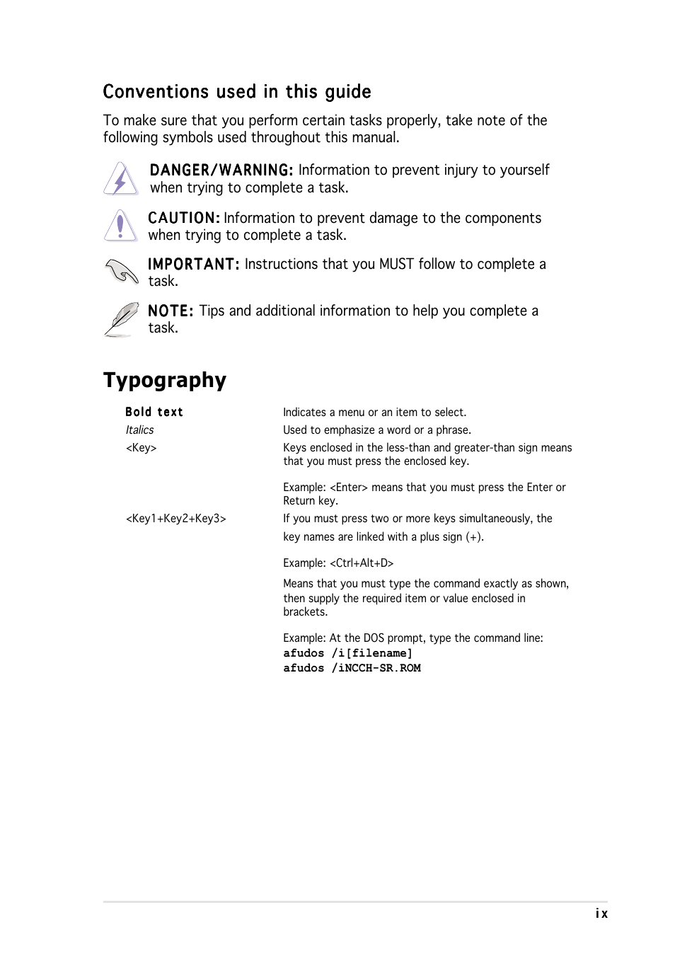 Typography, Conventions used in this guide | Asus NCCH-DR User Manual | Page 9 / 110