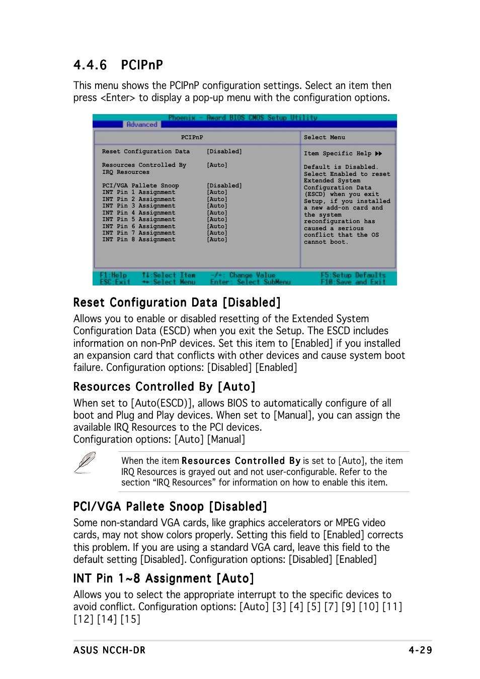 6 pcipnp pcipnp pcipnp pcipnp pcipnp, Reset configuration data [disabled, Resources controlled by [auto | Pci/vga pallete snoop [disabled, Int pin 1~8 assignment [auto | Asus NCCH-DR User Manual | Page 91 / 110