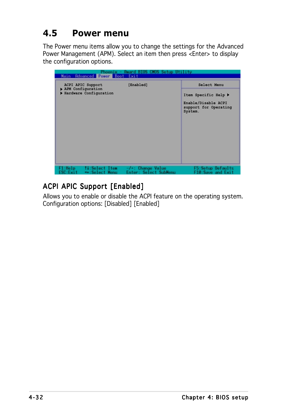 5 power menu, Acpi apic support [enabled | Asus NCCH-DR User Manual | Page 94 / 110