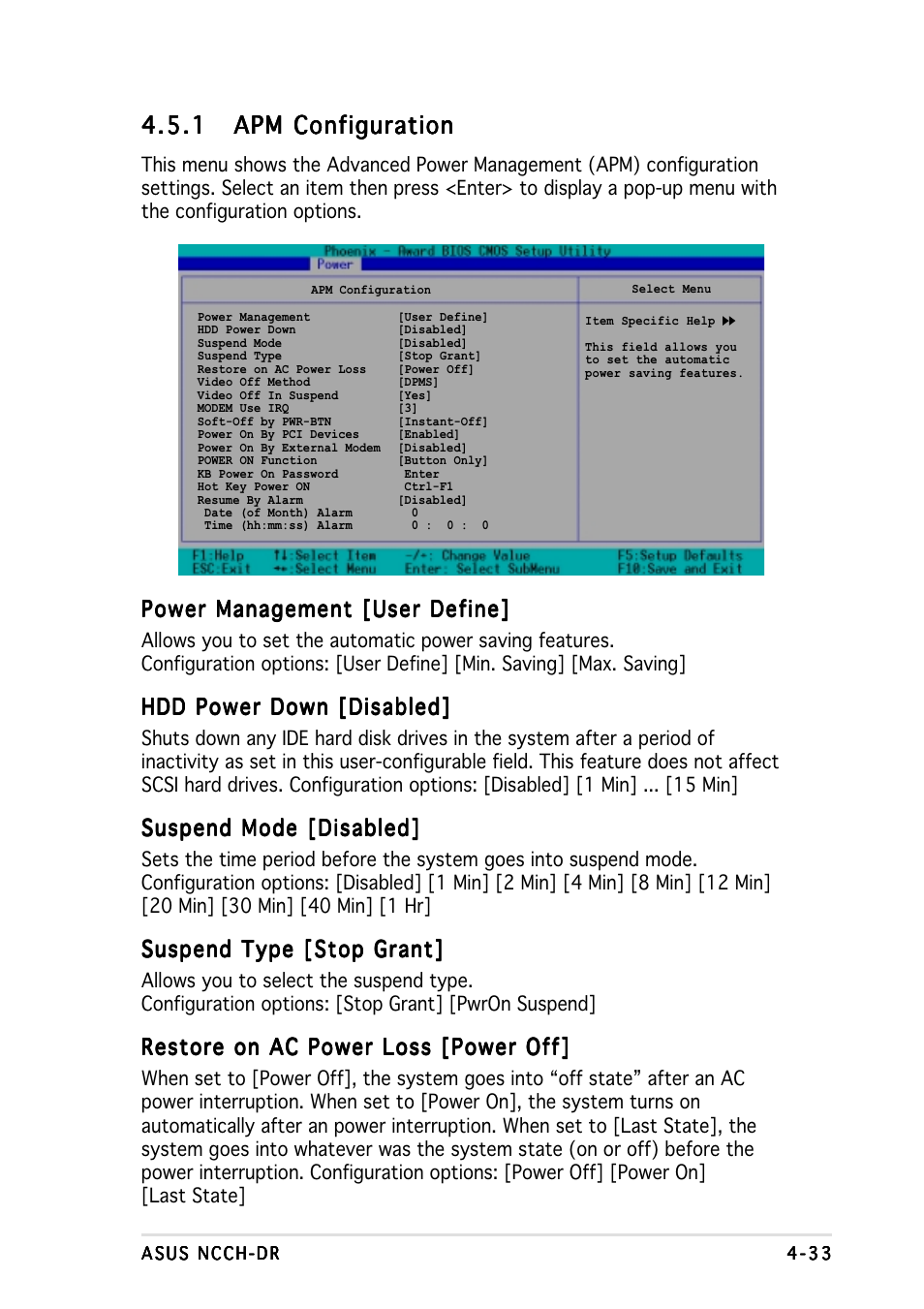 Power management [user define, Hdd power down [disabled, Suspend mode [disabled | Suspend type [stop grant, Restore on ac power loss [power off | Asus NCCH-DR User Manual | Page 95 / 110