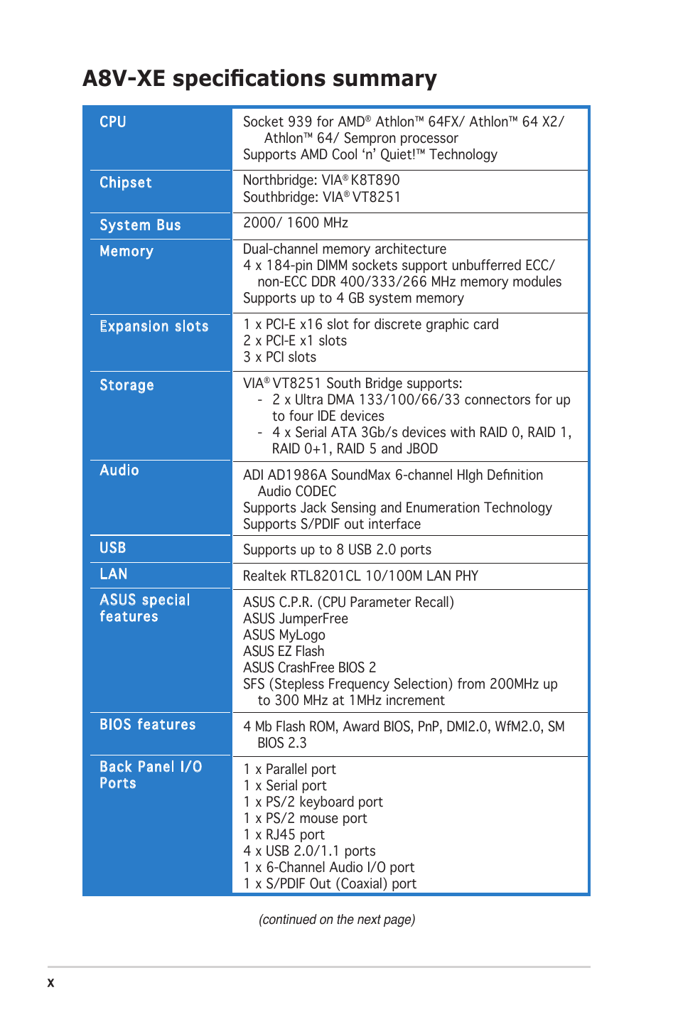 A8v-xe speciﬁcations summary | Asus Motherboard A8V-XE User Manual | Page 10 / 86