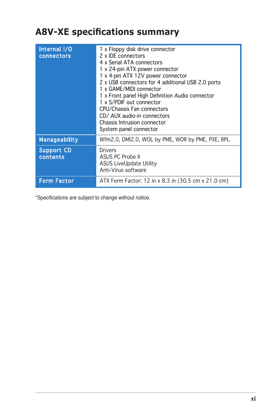 A8v-xe speciﬁcations summary | Asus Motherboard A8V-XE User Manual | Page 11 / 86