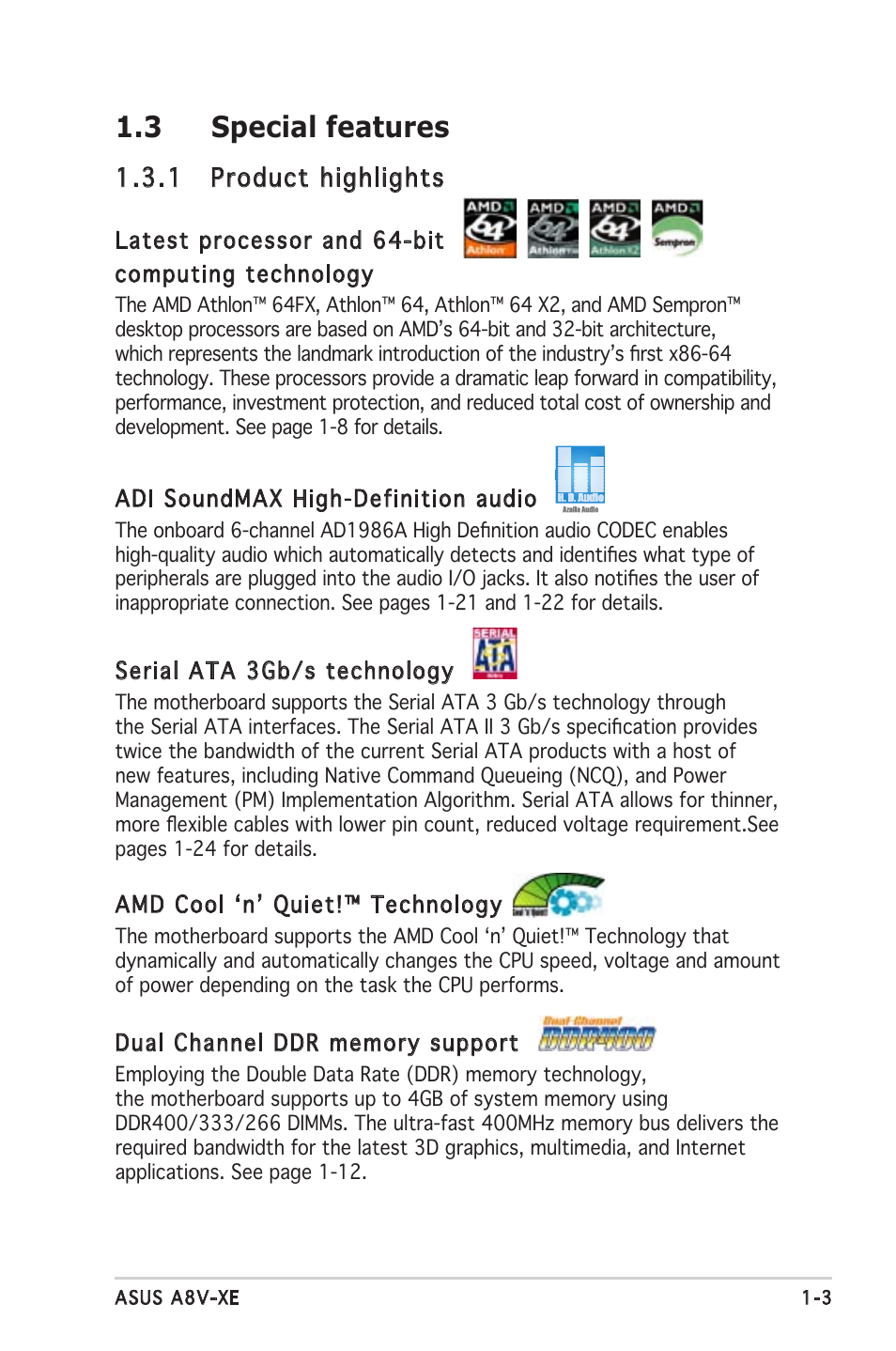 3 special features, 1 product highlights | Asus Motherboard A8V-XE User Manual | Page 15 / 86