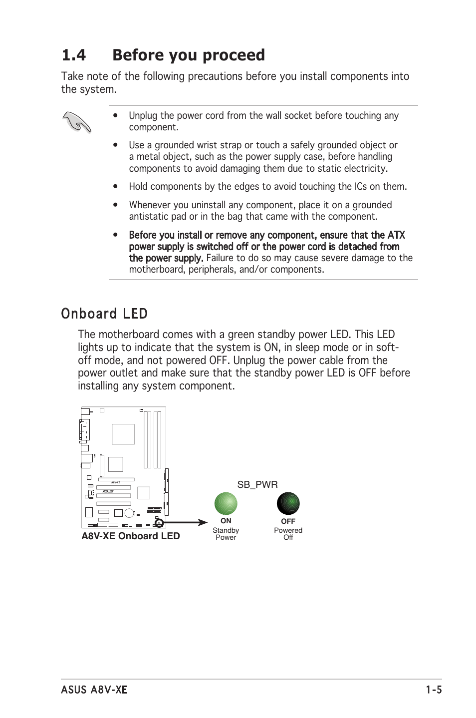 4 before you proceed, Onboard led | Asus Motherboard A8V-XE User Manual | Page 17 / 86