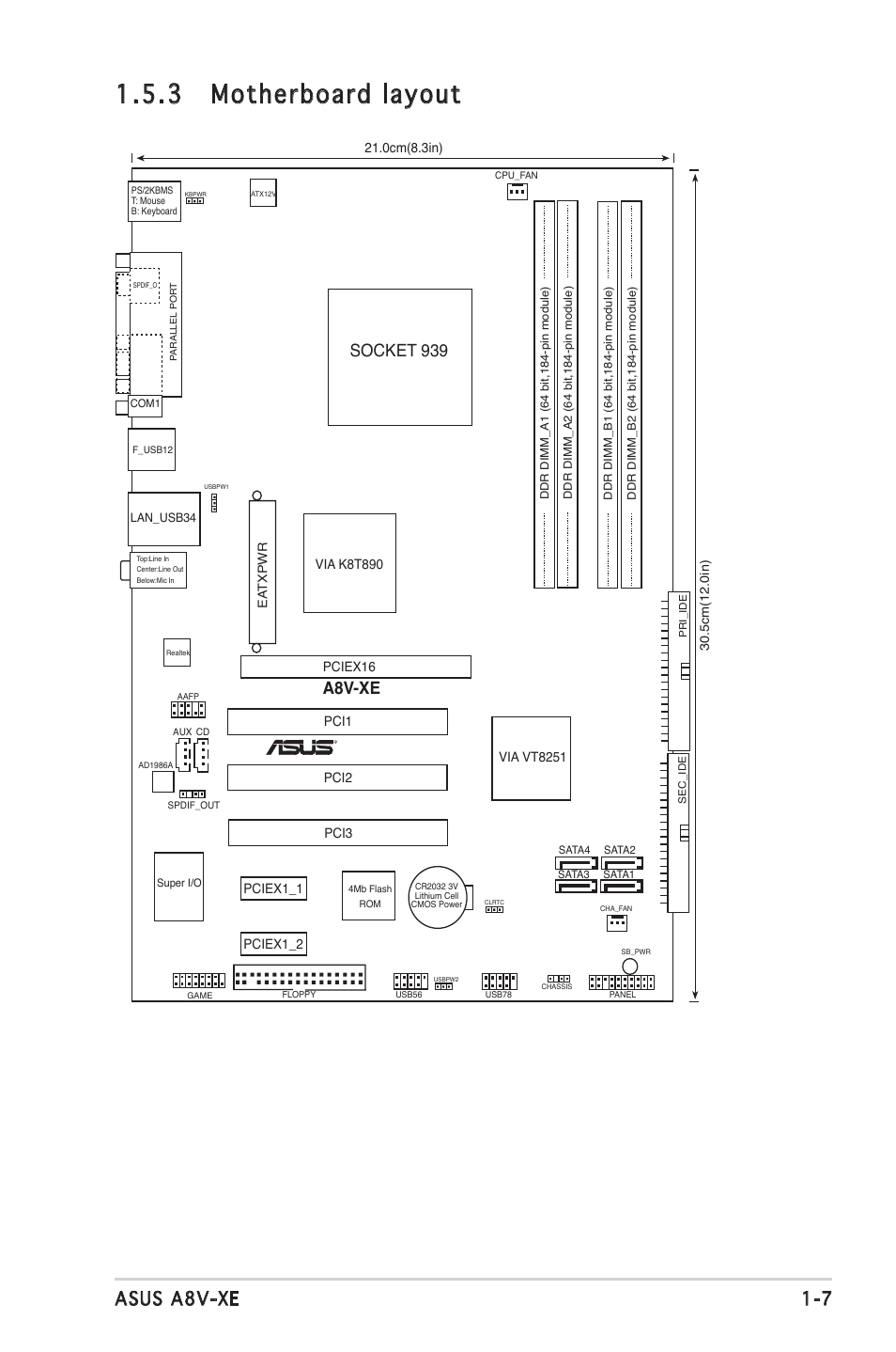 3 motherboard layout, 7 asus a8v-xe, Socket 939 | A8v-xe | Asus Motherboard A8V-XE User Manual | Page 19 / 86