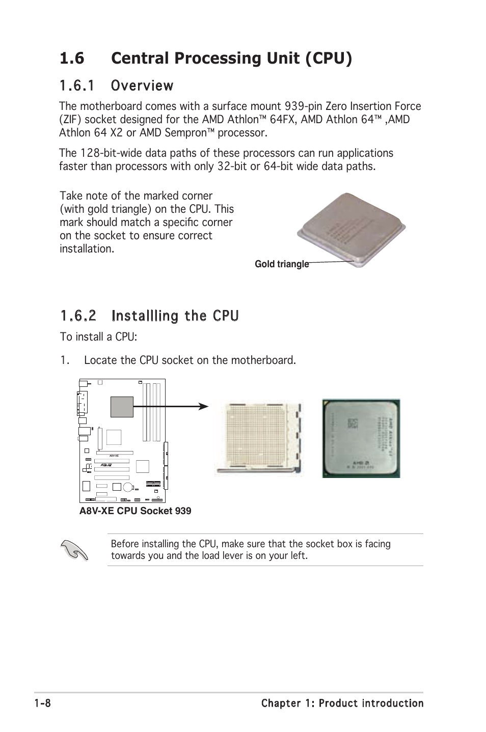 6 central processing unit (cpu), 2 installling the cpu, 1 overview | Asus Motherboard A8V-XE User Manual | Page 20 / 86