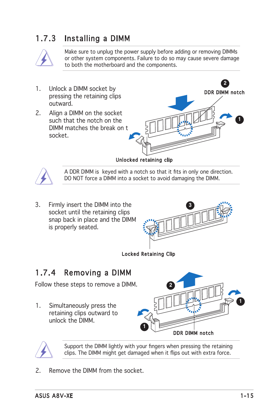 4 removing a dimm, 3 installing a dimm | Asus Motherboard A8V-XE User Manual | Page 27 / 86