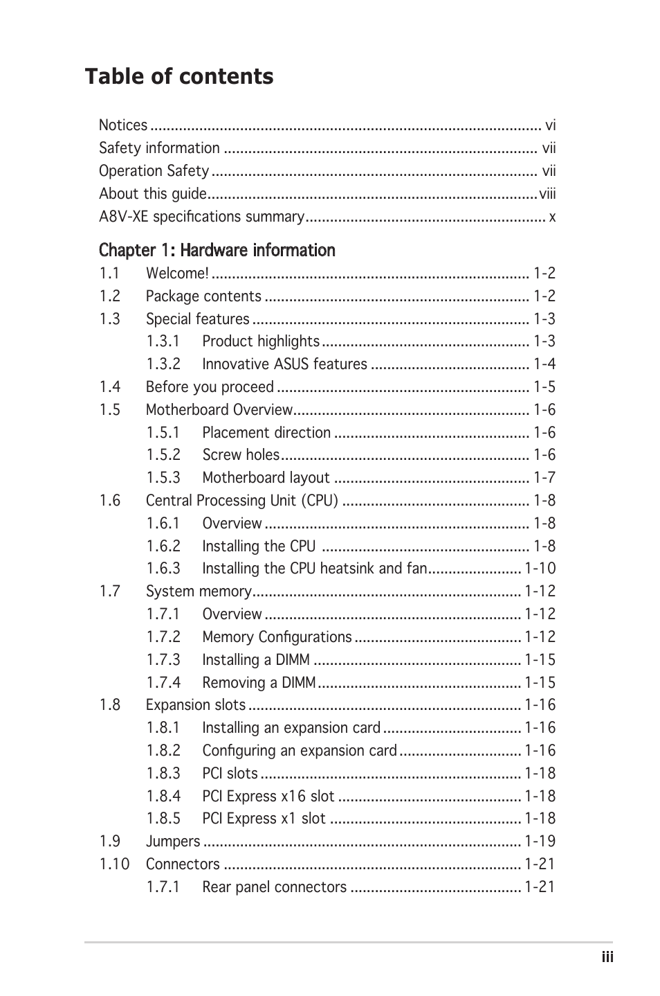 Asus Motherboard A8V-XE User Manual | Page 3 / 86