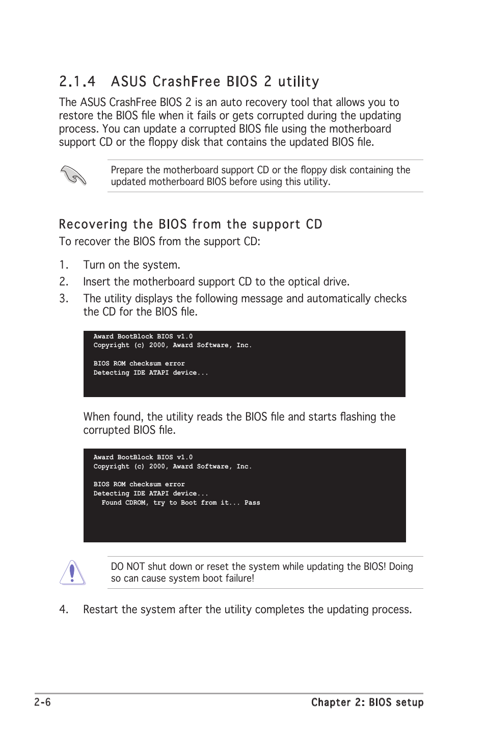 4 asus crashfree bios 2 utility, Recovering the bios from the support cd | Asus Motherboard A8V-XE User Manual | Page 48 / 86