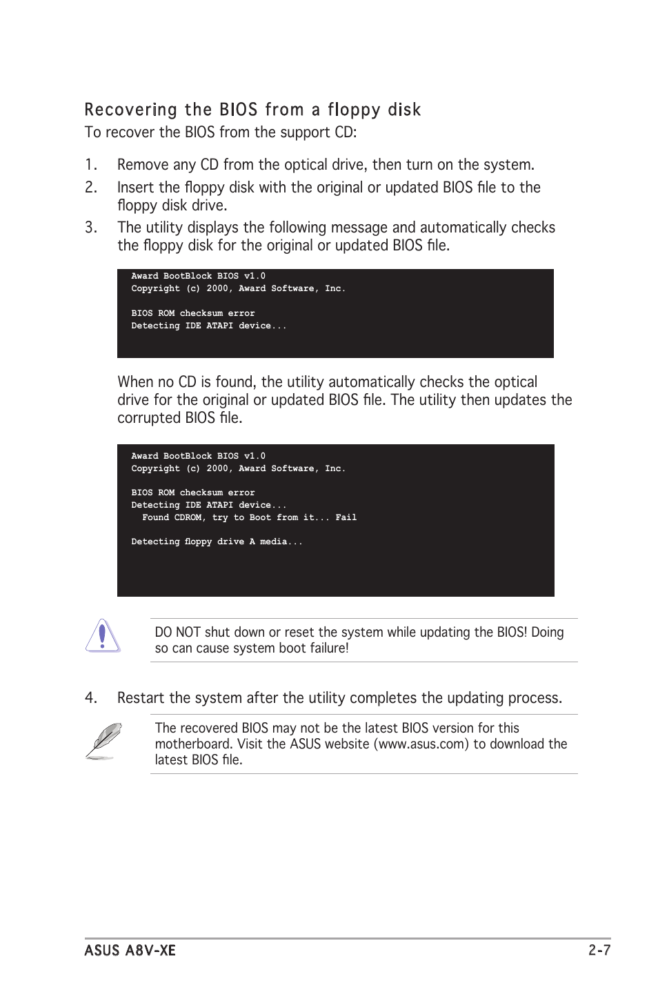 Recovering the bios from a floppy disk | Asus Motherboard A8V-XE User Manual | Page 49 / 86