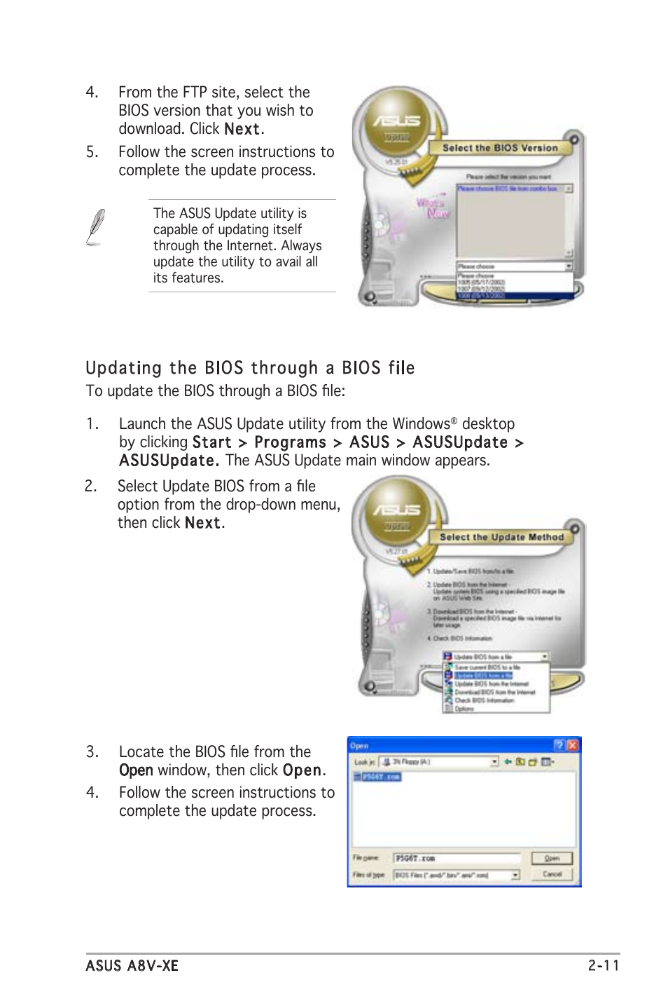 Updating the bios through a bios file | Asus Motherboard A8V-XE User Manual | Page 53 / 86