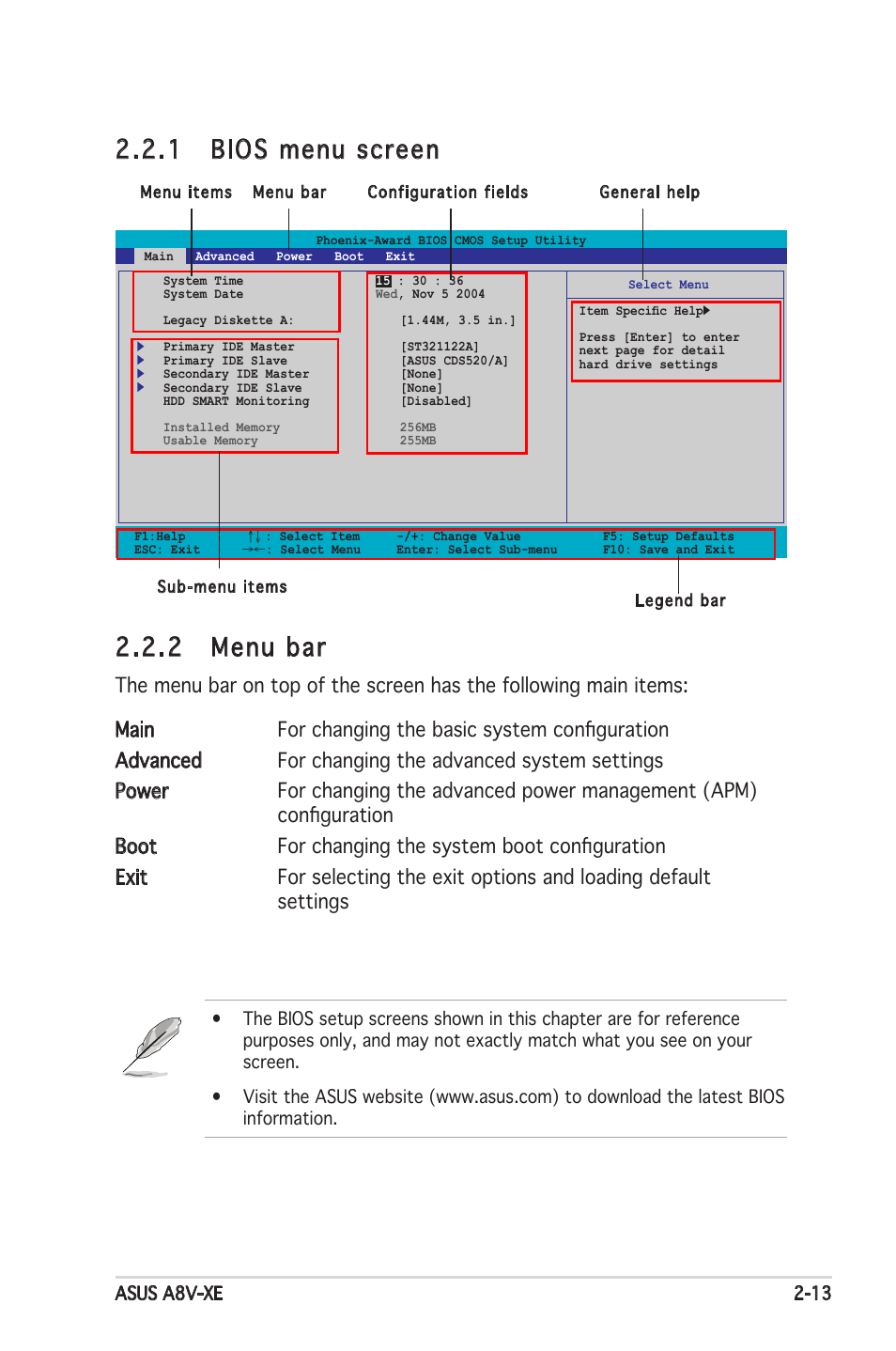 2 menu bar, 1 bios menu screen | Asus Motherboard A8V-XE User Manual | Page 55 / 86