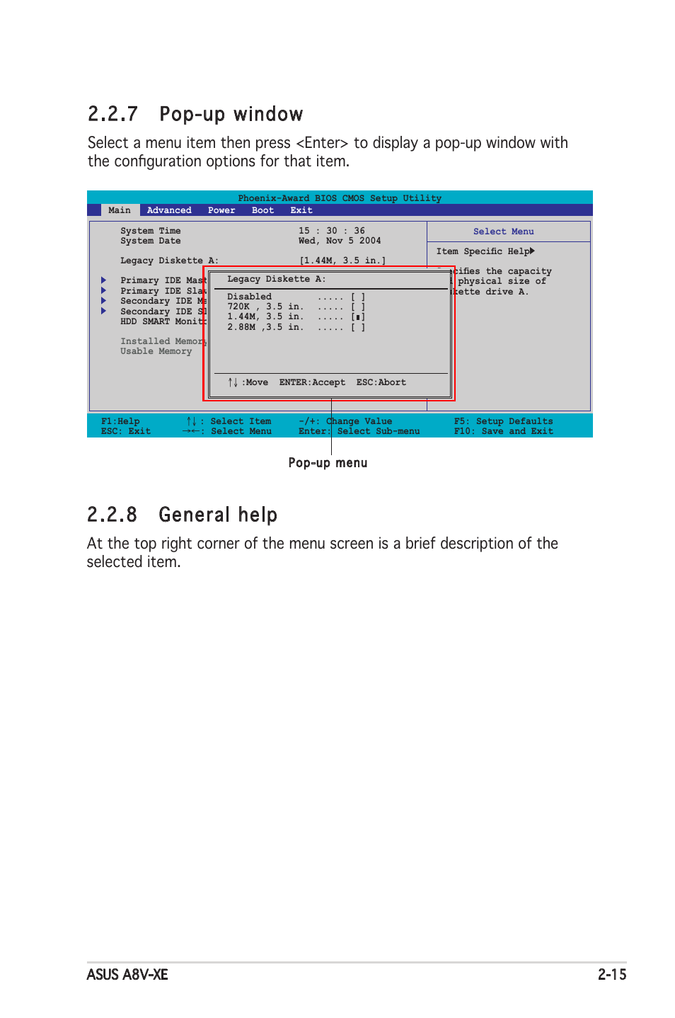 7 pop-up window, 8 general help, Asus a8v-xe 2-15 | Asus Motherboard A8V-XE User Manual | Page 57 / 86